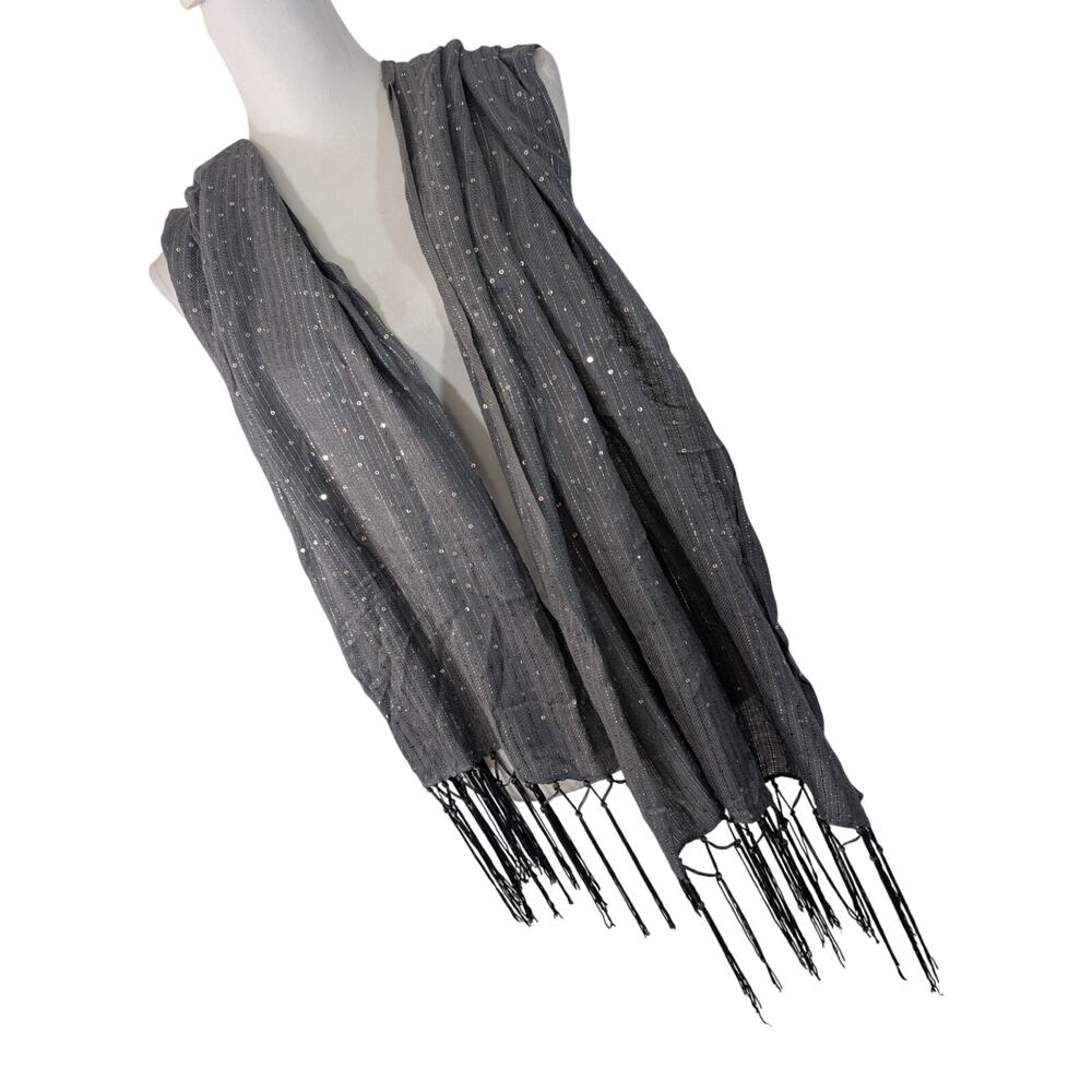 TWINKLING DOVE GRAY W/LIGHT BLUE EMBROIDERED STRIPES, SILVER SEQUINS SCARF! OS